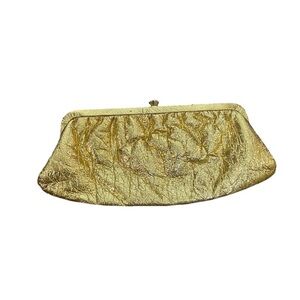 Vintage 1950s Gold Metallic Gold Lame Evening Clutch Kiss Lock Mid Century Bag